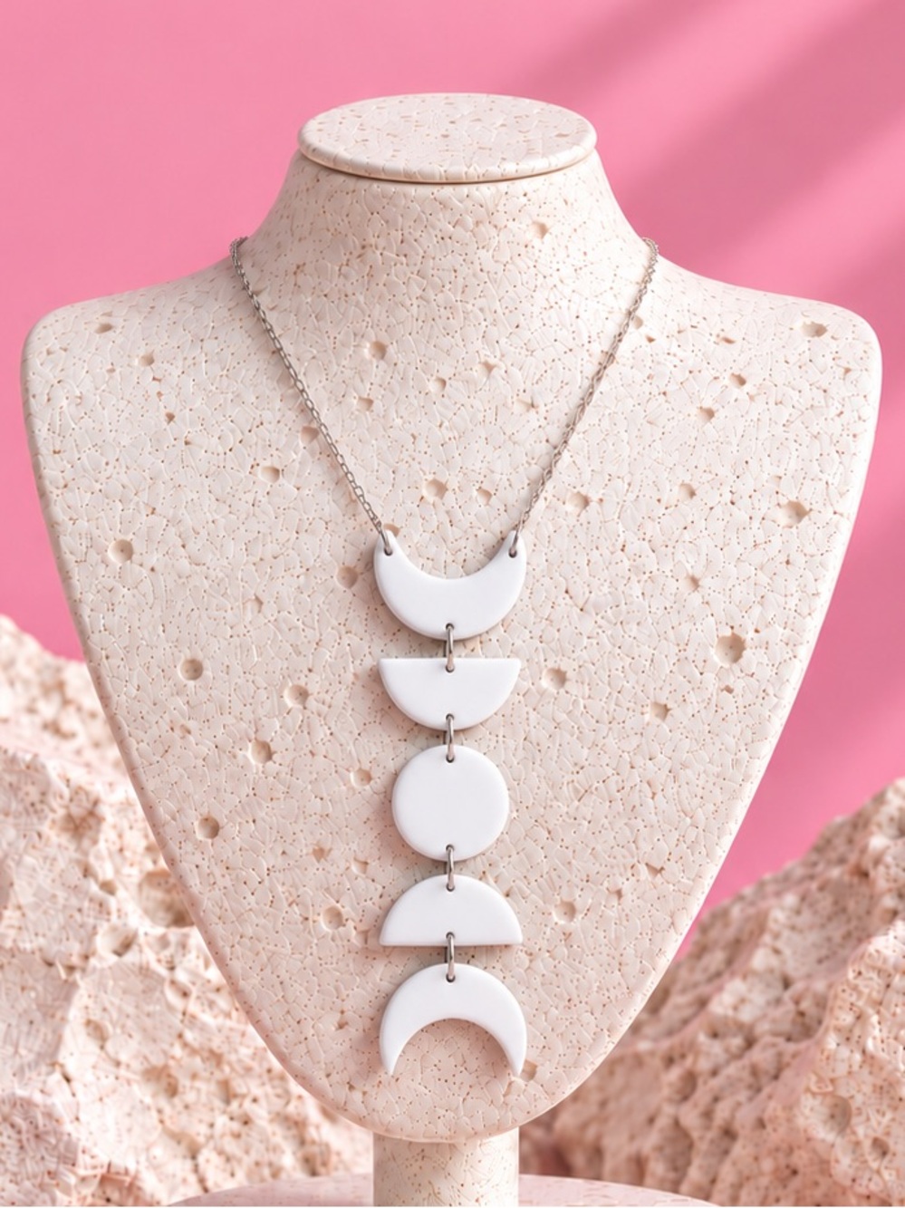 Crescent Moon Necklace — Lunar Phases — Handmade Necklace — White